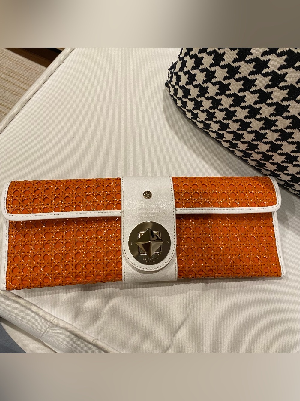 kate spade Orange Woven Clutch with White Leather Accent